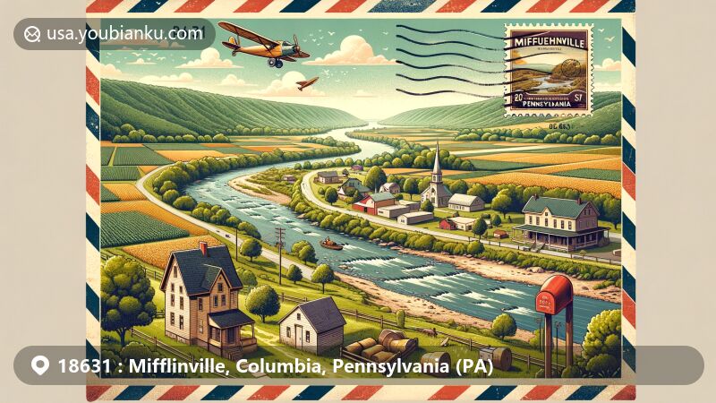 Modern illustration of Mifflinville, Pennsylvania, ZIP Code 18631, depicting picturesque Susquehanna River setting within vintage airmail envelope.