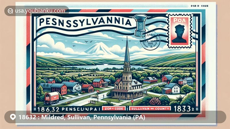 Modern illustration of Mildred, Sullivan County, Pennsylvania, highlighting ZIP code 18632, featuring pastoral scenery, Keystone marker, vintage postage stamp, postal marks, mailbox, and envelope.