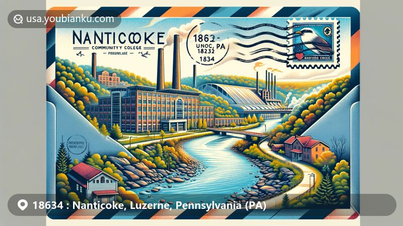Modern illustration of Nanticoke, Luzerne County, Pennsylvania, featuring Luzerne County Community College, Nanticoke Creek, and Concrete City, enclosed in an airmail envelope with stamps and postmark.