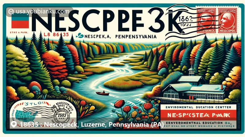 Modern illustration of Nescopeck, Pennsylvania, highlighting ZIP code 18635, featuring Nescopeck State Park with lush forests, diverse habitats, and Nescopeck Creek. The design mimics a postcard with a stamp and postmark, integrating Pennsylvania state flag for cultural identity.