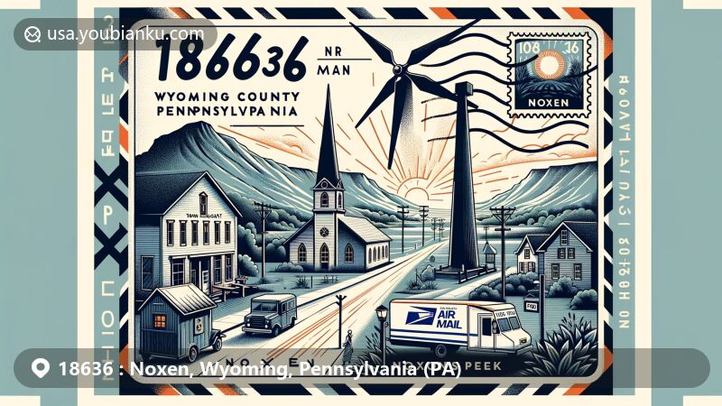Modern illustration of Noxen, Wyoming County, Pennsylvania, featuring postal theme with ZIP code 18636, showcasing main street, church, and Schooley's Peak with wind turbine, representing scenic beauty of the area.