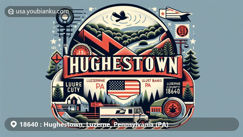 Modern illustration of Hughestown, Luzerne County, Pennsylvania, featuring vintage airmail envelope with elements representing natural forests, culm banks, and community vibe, incorporating Pennsylvania state flag and postal symbols.