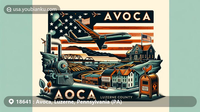 Modern illustration of Avoca, Luzerne County, Pennsylvania, featuring Wilkes-Barre/Scranton International Airport, coal mining history, Avoca map, and postal culture with American flag and mailbox.