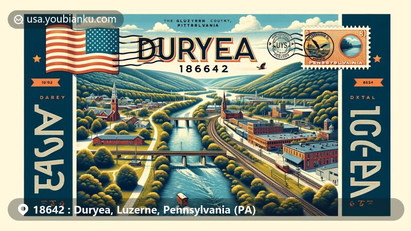 Modern illustration of Duryea, Luzerne County, Pennsylvania, showcasing postal theme with ZIP code 18642, featuring Lackawanna River, forested mountains, historic railway, and Pennsylvania state symbols.