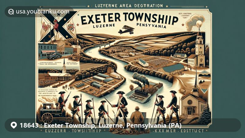 Vintage illustration of Exeter Township and Exeter Borough in Luzerne County, Pennsylvania, showcasing the Susquehanna River, historical events like the Revolutionary War and Knox Mine Disaster, rural landscapes, and the Wyoming Area School District.