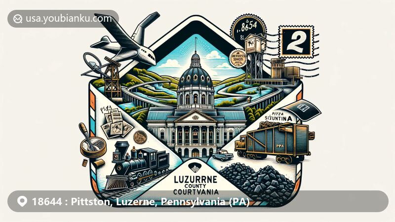 Modern illustration of Pittston area, Pennsylvania, presenting postal theme with ZIP code 18644, featuring Luzerne County Courthouse, coal mining history, Susquehanna and Lackawanna Rivers, and postal elements.