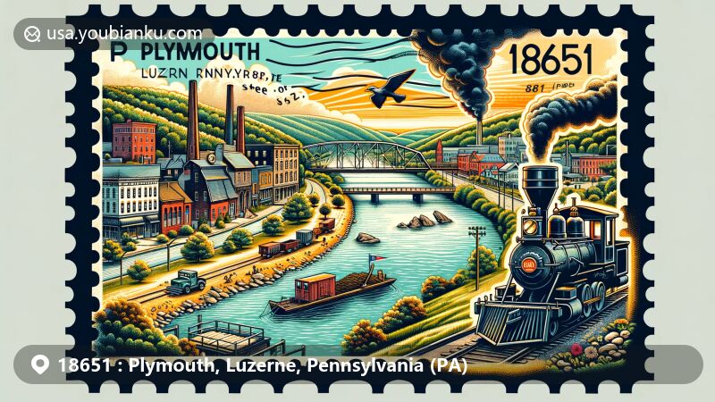 Modern illustration of ZIP Code 18651 in Plymouth, Luzerne County, Pennsylvania, with Susquehanna River and coal mining symbols, depicting historical significance and natural beauty.