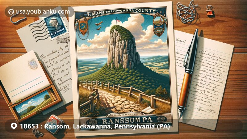 Modern illustration of Ransom area, Lackawanna County, Pennsylvania, featuring natural beauty of Bald Mountain's Pinnacle Rock, surrounded by scenic vistas. Design resembles retro airmail envelope with Pennsylvania flag stamp and '18653 Ransom, PA' postal mark. Envelope placed on wooden desk with classic fountain pen and open notebook inscribed 'Dear friend, explore the majestic Bald Mountain...'