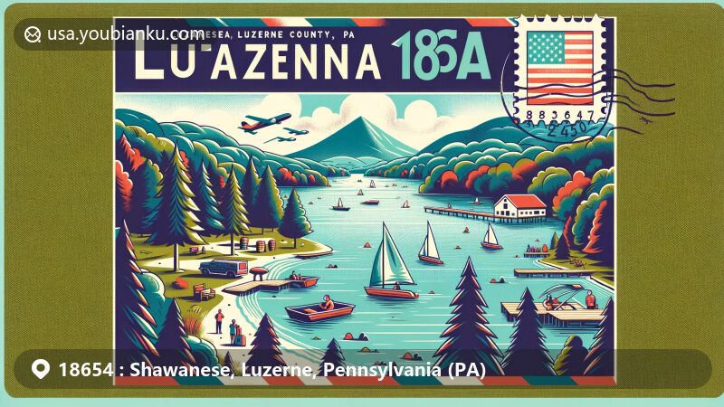 Modern illustration of Shawanese, Luzerne County, Pennsylvania, in ZIP code area 18654, featuring Harveys Lake, recreational activities, and forested mountain landscape, with a postcard theme and Pennsylvania state flag stamp.