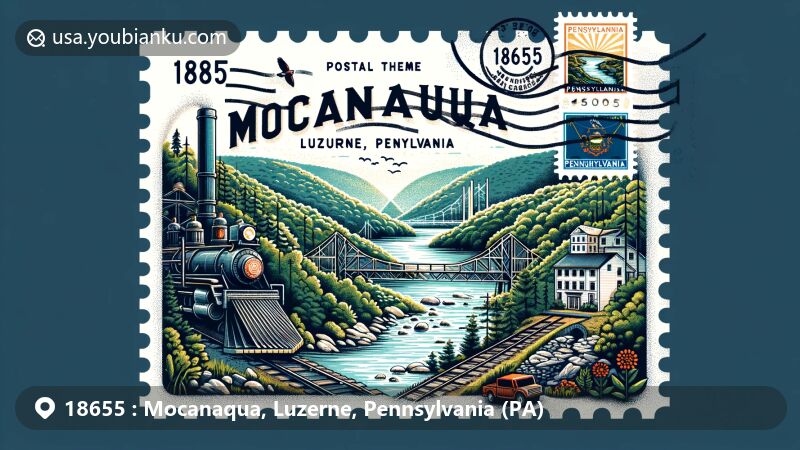 Modern illustration of Mocanaqua, Luzerne County, Pennsylvania, highlighting ZIP code 18655 with postal elements like stamps and postmark, featuring Susquehanna River, coal mining ruins, forest trails, and Pennsylvania state symbols.