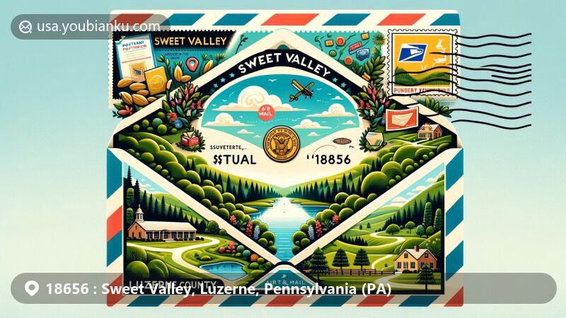 Modern illustration of Sweet Valley, Luzerne County, Pennsylvania, highlighting postal theme with ZIP code 18656, featuring Harris Pond and local natural beauty.