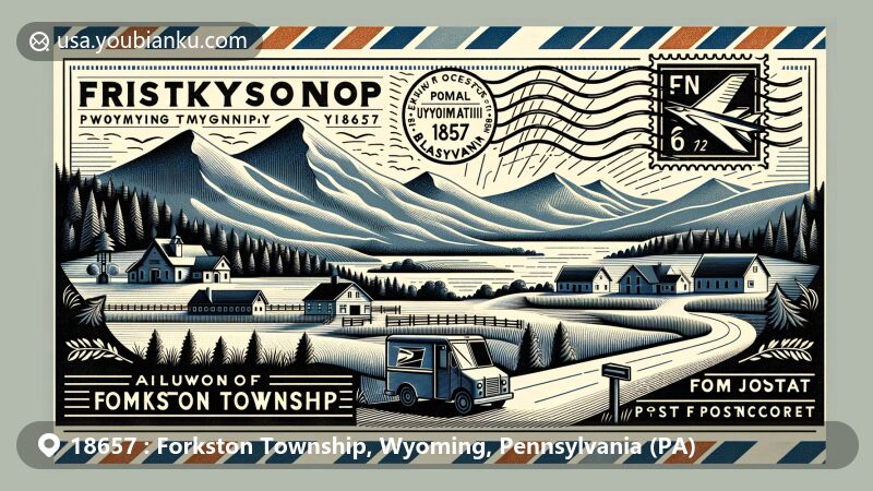 Modern illustration of Forkston Township, Wyoming County, Pennsylvania, showcasing postal theme with ZIP code 18657, featuring Forkston Mountain, Bellasylva, and Endless Mountains.