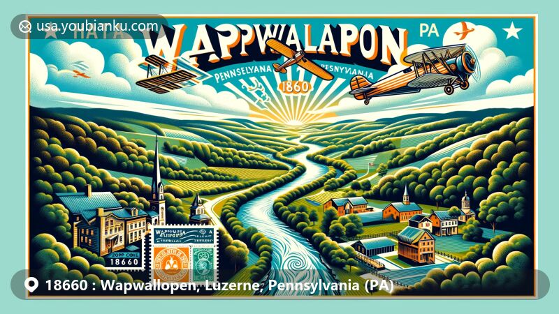 Modern illustration of Wapwallopen, Pennsylvania, showcasing postal theme with ZIP code 18660, featuring the Susquehanna River and Pennsylvania German heritage elements.