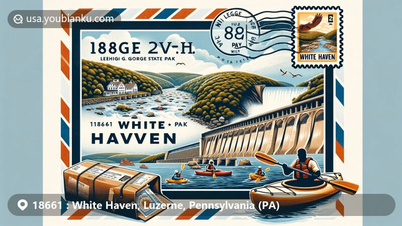 Modern illustration of White Haven, Pennsylvania (PA), highlighting Lehigh Gorge State Park and ZIP code 18661, featuring a classical air mail envelope with postal elements and outdoor activities like kayaking and hiking.