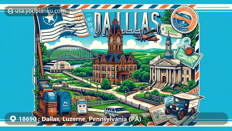 Modern illustration of Dallas area in Luzerne County, Pennsylvania, highlighting John Kincaide Stadium and Luzerne County Courthouse, with lush Pennsylvania landscape. Features vintage postcard elements like PA state flag stamp, air mail envelope border, and ZIP code '18690'. Includes mailbox or postal vehicle.