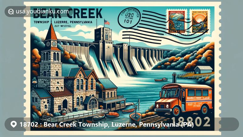 Modern illustration of Bear Creek Township, Luzerne, Pennsylvania, featuring postal theme with ZIP code 18702, highlighting Francis E. Walter Dam and Reservoir, Bear Creek Village Historic District elements, and vibrant postal motifs.