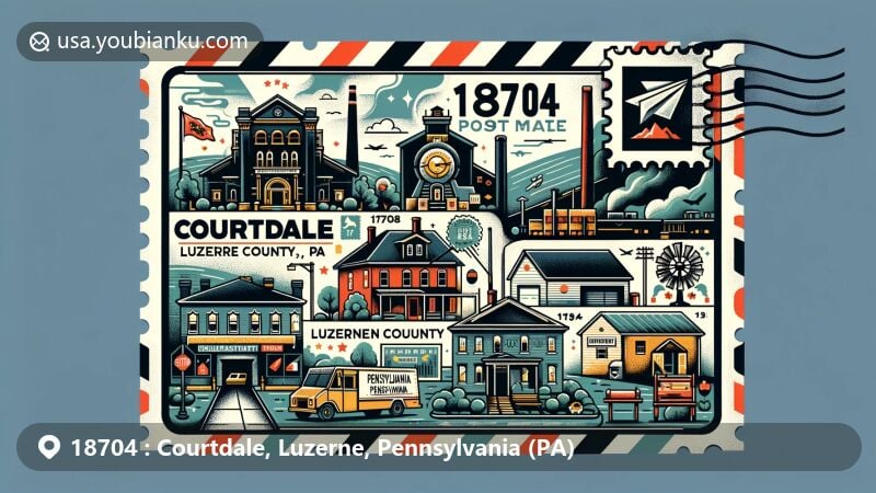 Modern illustration of Courtdale, Luzerne County, Pennsylvania, highlighting ZIP code 18704, featuring coal mining and manufacturing history, Pennsylvania flag, and local community aura.