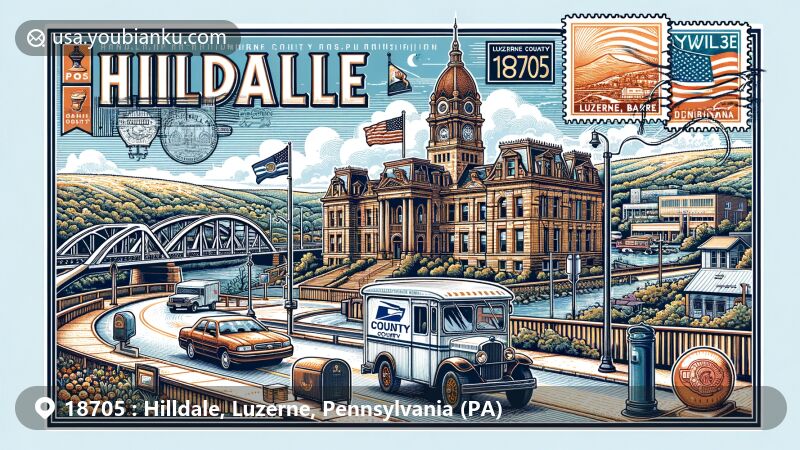 Modern illustration of Hilldale, Luzerne County, Pennsylvania, with Market Street Bridge, Luzerne County Courthouse, vintage postal elements, and Pennsylvania state flag.