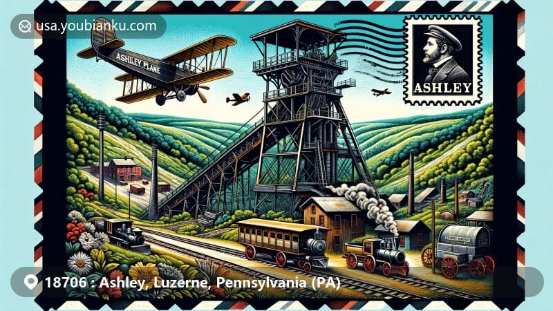Modern illustration of Ashley, Luzerne County, Pennsylvania, featuring historic Ashley Planes, coal mining heritage, and postal theme with ZIP code 18706.
