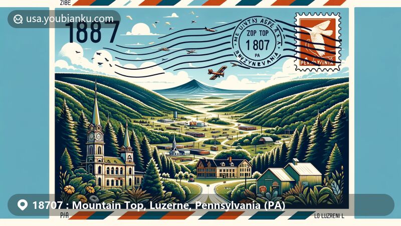 Modern illustration of Mountain Top, Luzerne County, Pennsylvania, showcasing postal theme with ZIP code 18707, blending natural beauty and community spirit.