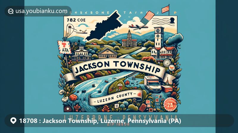 Modern illustration of Jackson Township, Luzerne, Pennsylvania, highlighting ZIP code 18708 with postal theme, postcards, air mail elements, stamps, and landmarks, integrating Luzerne County outline and local symbols in a vibrant style.