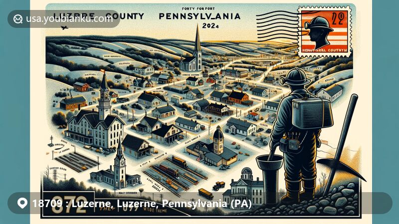 Modern illustration of Luzerne County, Pennsylvania, featuring notable landmarks like Eckley Miners' Village, Forty Fort Meeting House, and Luzerne Civil War Monument, with elements of local coal mining heritage.