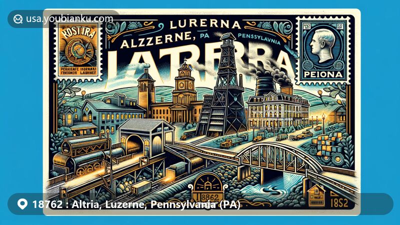 Modern illustration of Altria, Luzerne County, Pennsylvania, incorporating historical elements like a coal mine entrance and a silk mill, showcasing the blend of past and present industries, and featuring landmarks like the Luzerne County Courthouse and the Market Street Bridge.