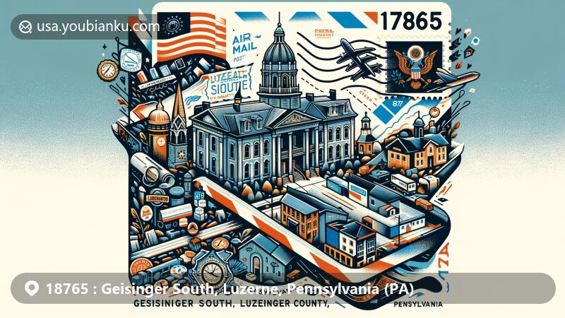 Modern illustration of Geisinger South, Luzerne County, Pennsylvania, featuring key landmarks like the Luzerne County Courthouse and Kingston Armory, showcasing anthracite coal mining history and Pennsylvania state symbols, with a postal theme for ZIP code 18765.