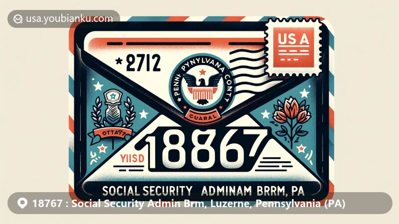 Modern illustration of Social Security Admin Brm, PA, showcasing airmail envelope with ZIP code 18767, Pennsylvania state flag, Luzerne County outline, postage stamp, and postmark.