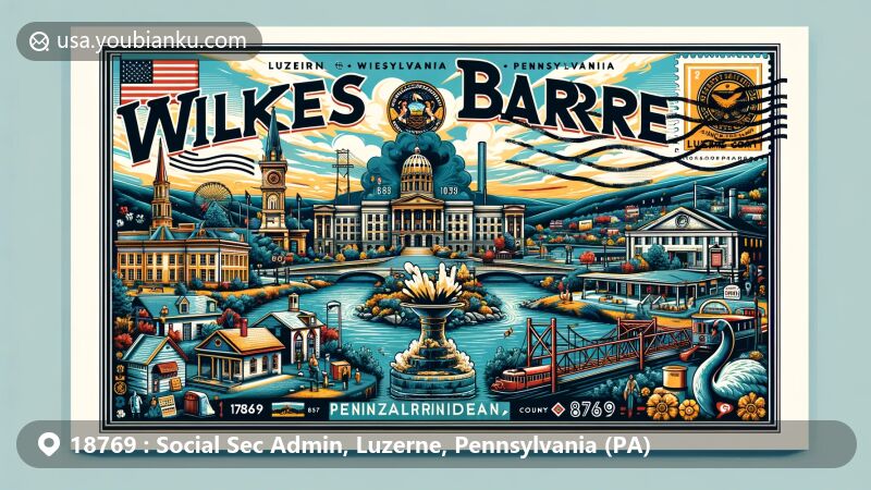 Modern illustration of Wilkes-Barre area, Luzerne County, Pennsylvania, in postcard style with ZIP Code 18769, showcasing iconic landmarks and cultural elements related to coal mining heritage, featuring state flag and Luzerne County emblem.