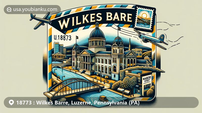 Modern illustration of Wilkes Barre, Pennsylvania, showcasing postal theme with ZIP code 18773, featuring iconic elements like Luzerne County Courthouse, Market Street Bridge, and Irem Temple.