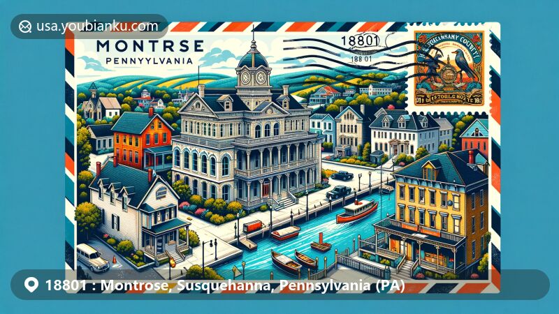 Modern illustration of Montrose, Pennsylvania, highlighting historical architecture and cultural significance, featuring Montrose Historic District with Greek Revival, Queen Anne, Italianate, and Gothic Revival styles, showcasing Susquehanna County Courthouse Complex, Sylvanus Mulford House, and Silver Lake Bank alongside local historical society symbols and postal theme with ZIP code 18801.