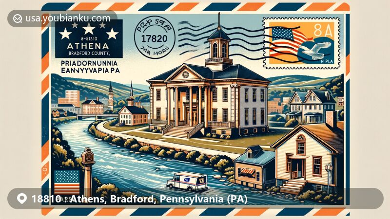 Modern illustration of Athens, Bradford County, Pennsylvania, displaying Greek Revival and Queen Anne style houses, Pennsylvania state flag, and Susquehanna and Chemung rivers. Features postcard design with '18810 ZIP Code, Athens, PA', mailbox, and postal van.