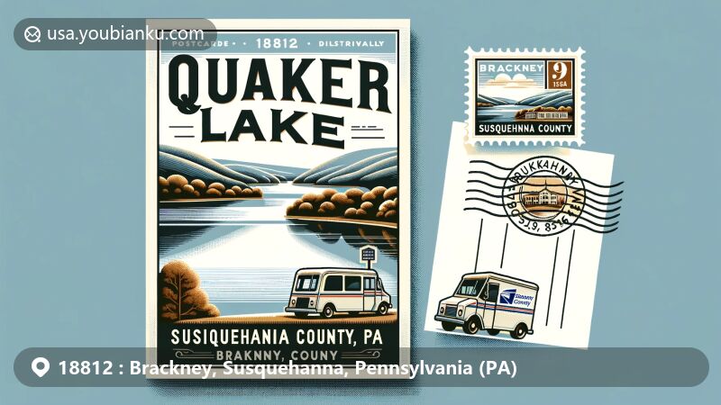 Modern illustration of Quaker Lake in Brackney, Susquehanna County, Pennsylvania, showcasing postcard design with '18812 Brackney, PA' stamp, postal van, and 'Susquehanna County' postmark.