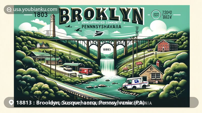Modern illustration of Brooklyn, Susquehanna County, Pennsylvania, with ZIP code 18813, showcasing Martins Creek Viaduct Overlook, rural community ambiance, and postal elements like post office and mail items in a web-friendly style.