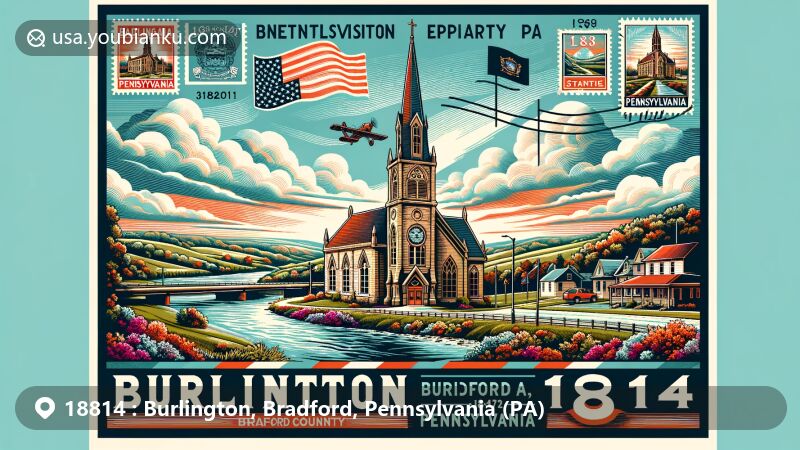 Modern illustration of Burlington, Bradford County, Pennsylvania, showcasing postal theme with ZIP code 18814, featuring Sugar Creek and historic Old Burlington Church.