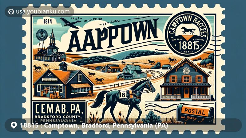 Modern illustration of Camptown, Bradford County, Pennsylvania, linked to postal theme of ZIP code 18815, inspired by Stephen Foster's 'Camptown Races'. Features horse racing motifs, rural landscape, vintage post stamp frame, and postal marks.