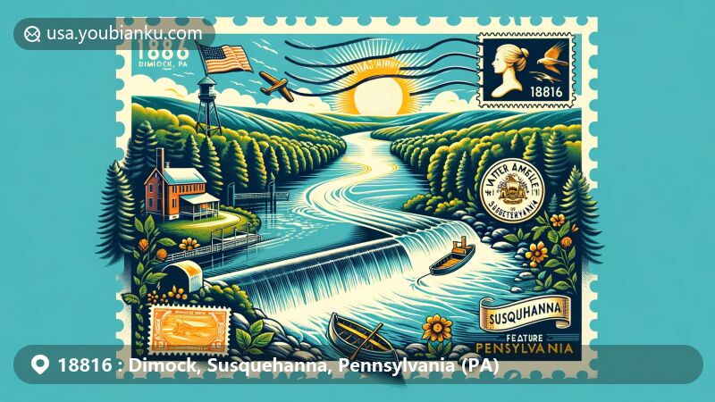 Vibrant illustration of Dimock, Susquehanna, Pennsylvania (PA), showcasing natural beauty and postal heritage with vintage air mail elements and postmark '18816 Dimock, PA'.