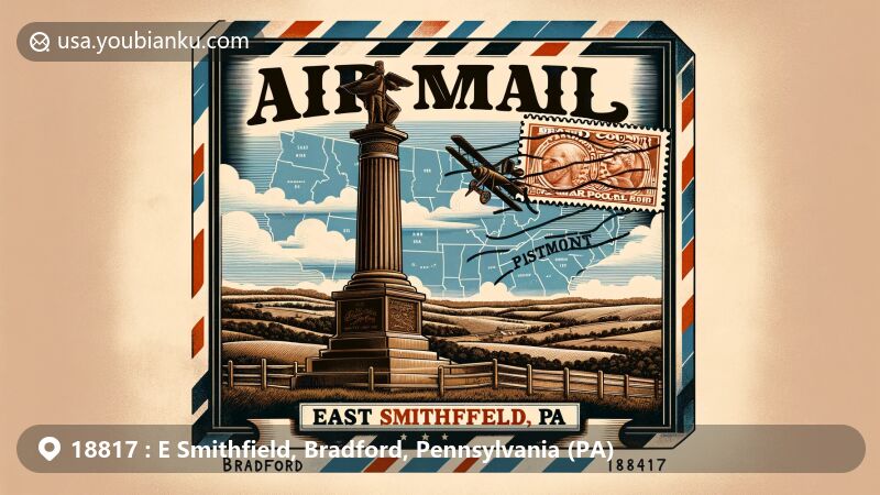 Modern illustration of E Smithfield, Bradford County, Pennsylvania, featuring vintage air mail envelope with Smithfield Civil War Monument and Bradford County map outline, American postage stamp and postmark.