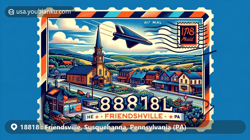 Contemporary illustration of Friendsville, Susquehanna County, PA, inspired by ZIP Code 18818, showcasing Quaker heritage and close-knit community vibe, with rural landscapes and postal elements.