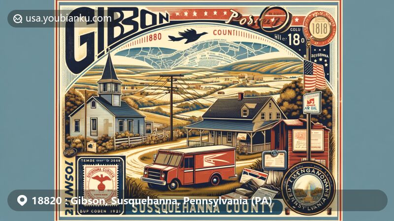 Modern illustration of Gibson, Susquehanna County, Pennsylvania, blending rural beauty with postal theme and ZIP code 18820, showcasing iconic landscapes and the Pennsylvania state flag.