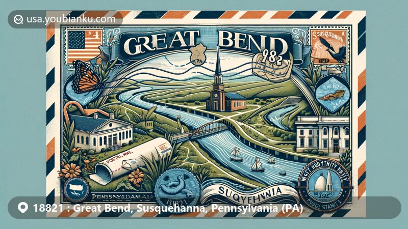 Modern illustration of Great Bend area in Pennsylvania, featuring Susquehanna River, New York State border, public parks, and postal themes.