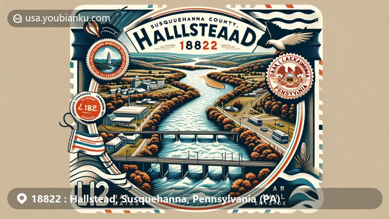 Modern illustration of Hallstead, Susquehanna County, Pennsylvania, highlighting postal theme with ZIP code 18822, featuring the Susquehanna River, Interstate 81, and a tribute to the Delaware, Lackawanna and Western Railroad.