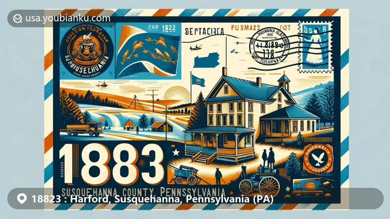 Creative illustration of Harford, Susquehanna County, Pennsylvania, designed as a wide format postcard with state flag, county outline, and cultural landmarks, incorporating postal elements and ZIP code 18823.