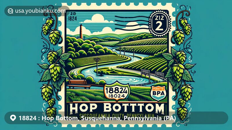 Modern illustration of Hop Bottom, Susquehanna County, Pennsylvania, showcasing brewing heritage with hop plants and Pennsylvania symbols, featuring vintage postal elements and local geography.