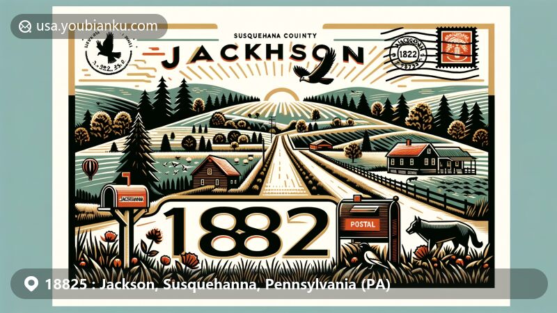 Modern illustration of Jackson, Susquehanna County, Pennsylvania, portraying rural and community aspects with rolling hills, forests, and local wildlife, embracing ZIP code 18825 in vintage postal theme.