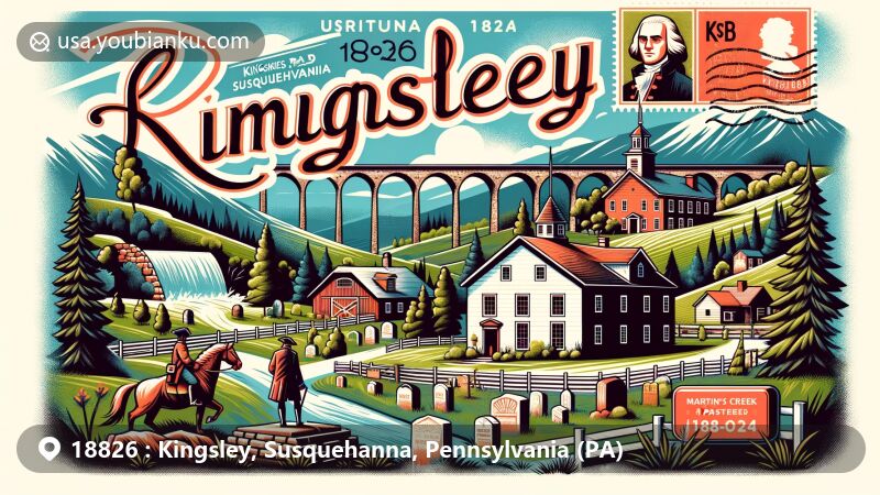 Modern illustration of Kingsley, Susquehanna County, Pennsylvania, highlighting postal theme with ZIP code 18826, featuring Endless Mountains, Dennis Farm, Revolutionary War tributes, and Martins Creek Viaduct.