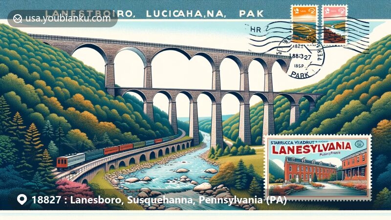 Modern illustration of Lanesboro, Susquehanna County, Pennsylvania, featuring Starrucca Viaduct and Luciana Park, incorporating postal theme with '18827 Lanesboro, Susquehanna, PA' in the corner, along with stamp and postmark design.