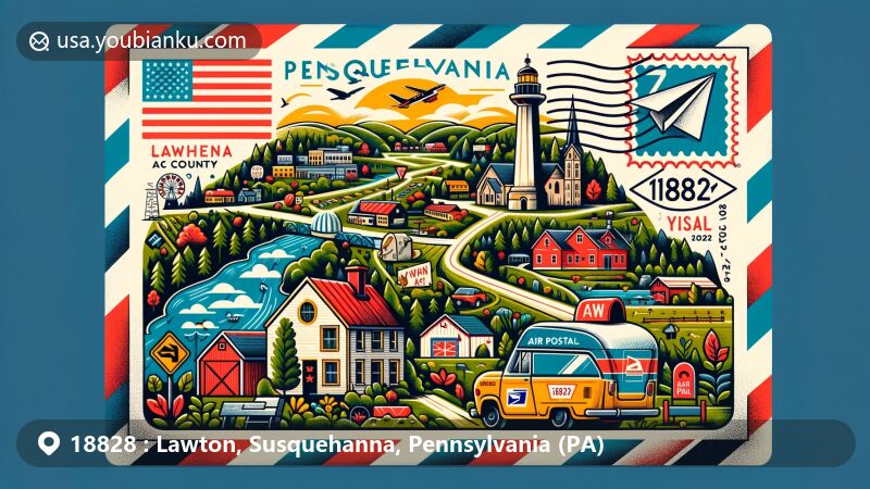 Modern illustration of Lawton, Susquehanna County, Pennsylvania, highlighting postal theme with ZIP code 18828, featuring Pennsylvania state flag, Susquehanna County outline, and iconic rural landscapes of northeastern Pennsylvania.