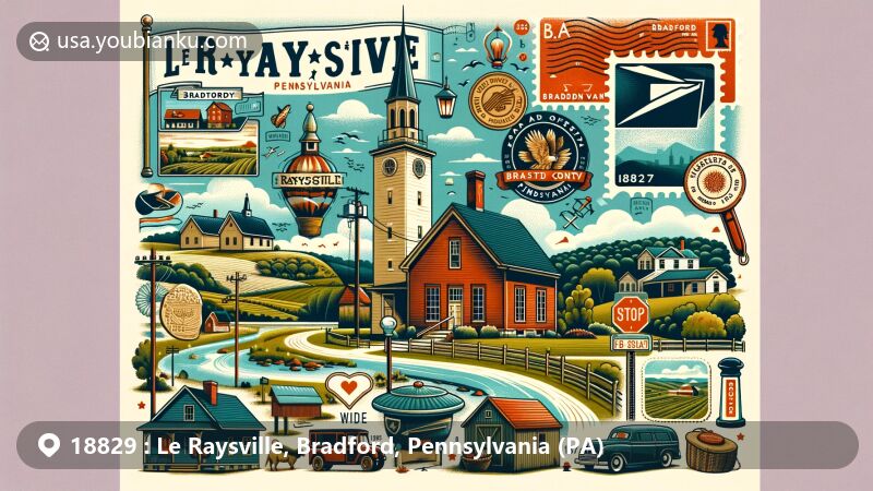 Modern illustration of Le Raysville, Pennsylvania, in Bradford County, blending postal elements with rural landscape, vintage postcard, mailbox, and ZIP code 18829.